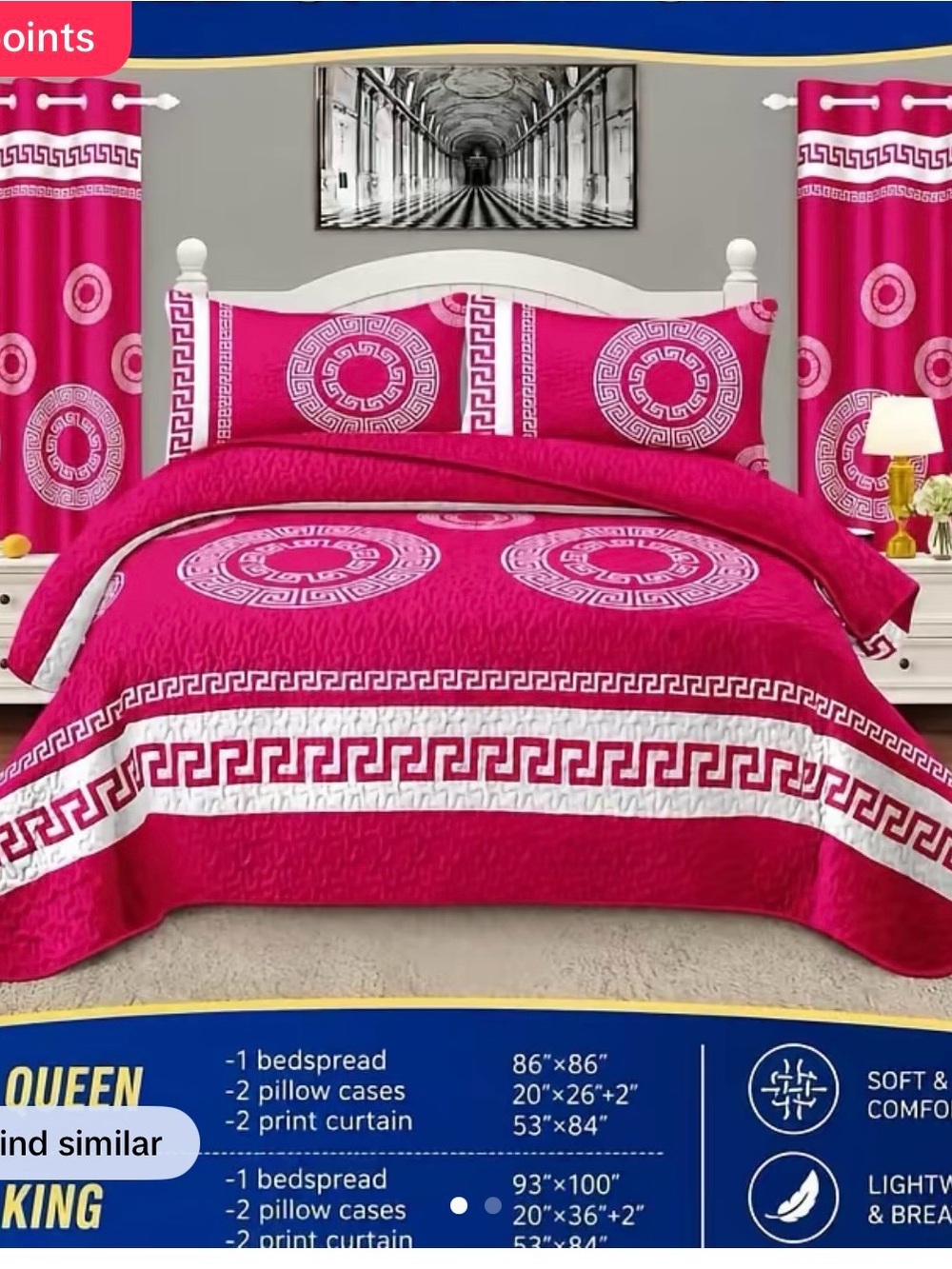 Queen Fuchsia Bedspread Set with Pillowcases and Curtains